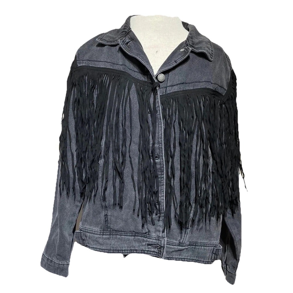 Veveret Denim Jacket Womens M Gray Cotton Fringe Western Boho Festival VJ71422‎
